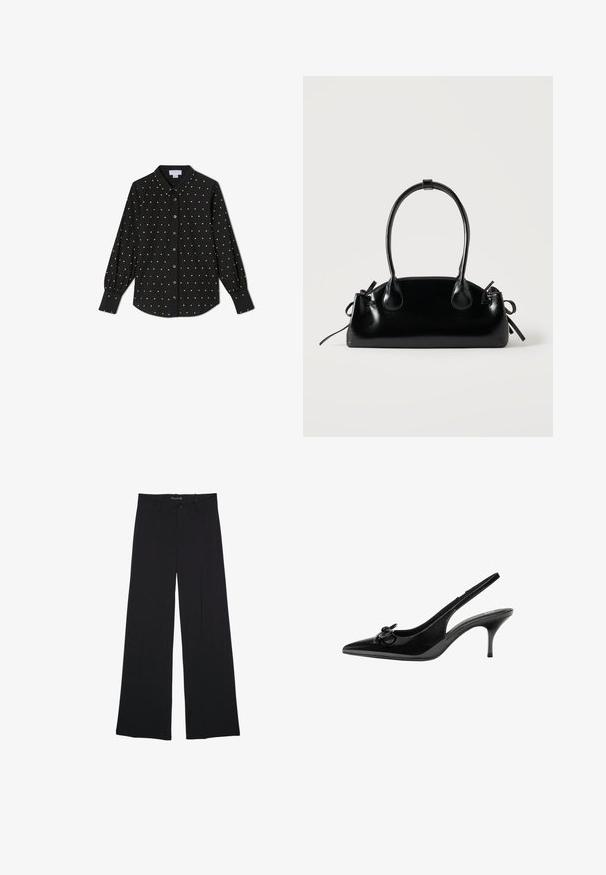Chemise noire à manches longues avec boutons, à pois dorés, col pointu et poignets boutonnés.; Pantalon noir à jambes larges avec passants de ceinture, bouton frontal et fermeture éclair, étalé à plat sur un fond blanc.; Chaussure slingback en cuir verni noir avec un bout pointu, un talon bas et un détail de nœud décoratif sur le côté. Texture lisse sur toute la surface.; Petit sac à main noir brillant avec deux longues anses et des détails à cordon sur les côtés sur un fond clair uni.