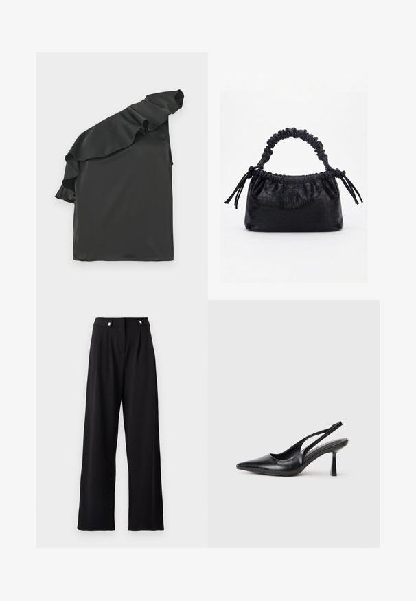 Haut en satin noir avec un design asymétrique à une épaule, agrémenté d'un accent froncé. Texture lisse, forme asymétrique et sans hardware visible.; Pantalons larges noirs au tissu lisse, dotés d'une taille haute, de plis avant et d'accents en boutons métalliques.; Chaussure à talon haut en cuir noir, à bride arrière, avec un bout pointu et un talon fin sur fond blanc.; Sac à main noir avec texture crocodile, bord supérieur froncé, poignée plissée et pompons à cordon de chaque côté sur fond blanc.