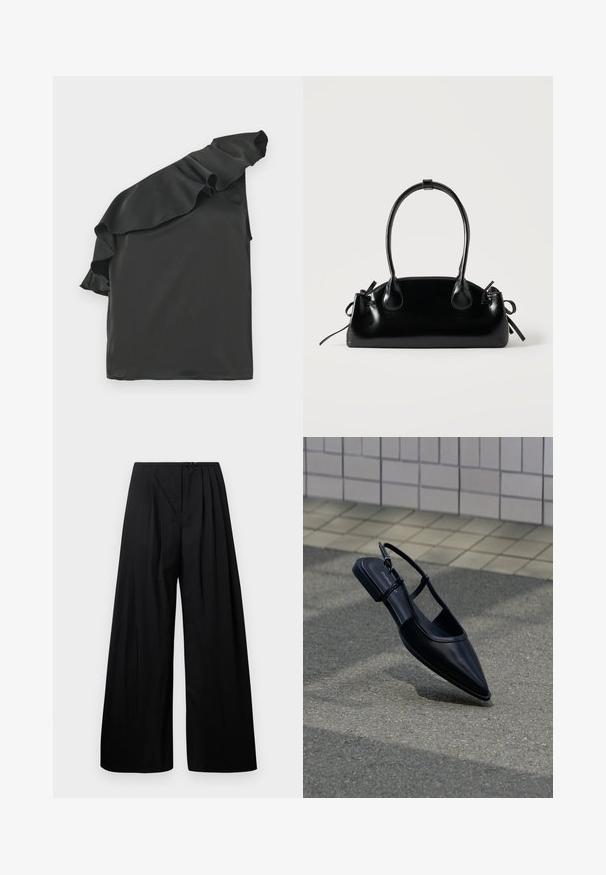 Haut en satin noir avec un design asymétrique à une épaule, agrémenté d'un accent froncé. Texture lisse, forme asymétrique et sans hardware visible.; Pantalons larges noirs à taille haute, dotés de plis verticaux et d'une fermeture à bouton. Texture lisse, design minimaliste.; Chaussure plate noire à bout pointu avec bride arrière, flottant au-dessus d'une surface en bitume à côté d'un trottoir carrelé.; Petit sac à main noir brillant avec deux longues anses et des détails à cordon sur les côtés sur un fond clair uni.