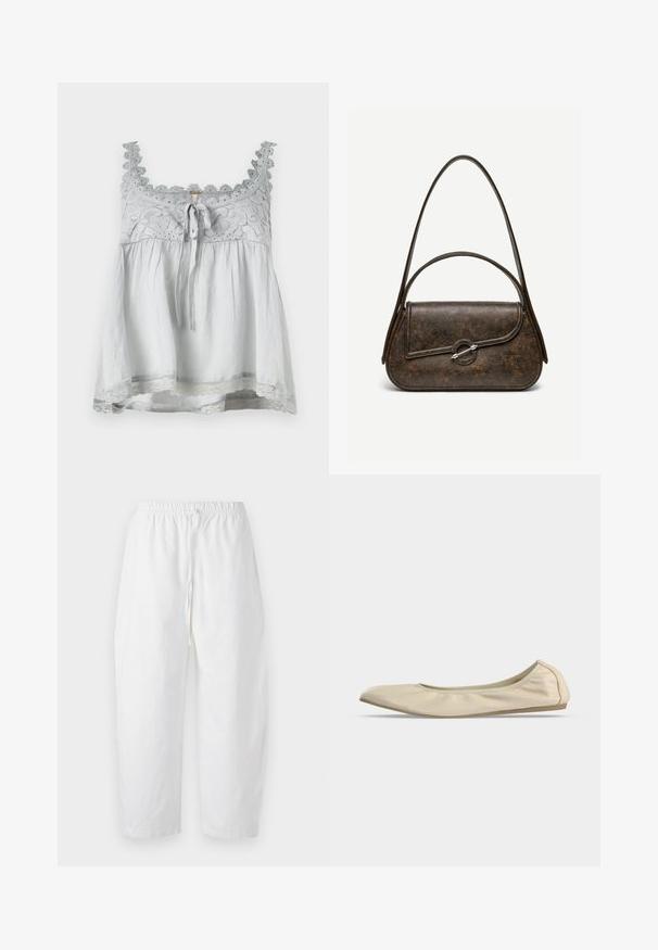 Graues Stoffoberteil mit Spitze und dekorativen Details. Es hat eine Schleife an der Vorderseite und eine lockere, fließende Form. Dünne Träger.; Abercrombie & Fitch PULL ON BARREL - Stoffhose - white; Beiger weicher Ledertalier mit abgerundeter Spitze, niedrigem seitlichen Profil und schlanker Gummisohle auf schlichtem weißem Hintergrund.; Dunkelbraune Handtasche aus strukturiertem Leder mit zwei Tragegurten, abgerundeter rechteckiger Form und silbernem, rundem Verschluss auf der vorderen Klappe.
