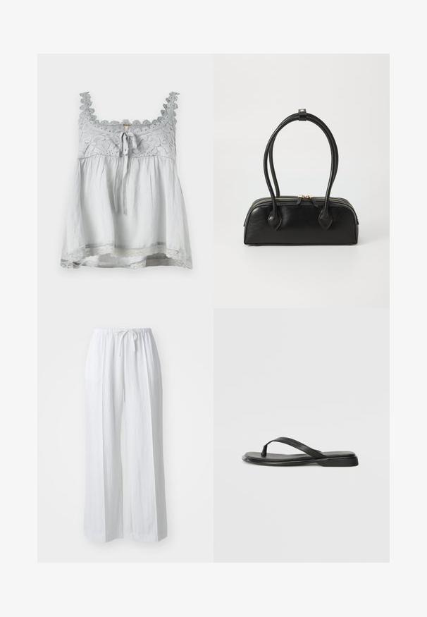 Top de tela gris con ribete de encaje y detalles decorativos. Presenta un lazo en la parte delantera y una forma suelta y fluida. Tirantes finos.; Pantalones blancos de pierna ancha con cinturilla ajustable. Hechos de una tela ligera, con una textura suave y un diseño minimalista.; Chancla negra de piel suave, con un diseño de tira delgada y una suela plana de perfil mínimo. Sin patrones ni acentos notables.; Bolso de mano de cuero negro con dos asas alargadas, cierre de cremallera y forma redondeada; textura suave con un acabado ligeramente brillante.