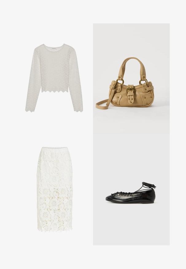 Top de manga larga color crema con un patrón floral texturizado, diseño recortado y dobladillo con forma de concha. Hecho de una tela liviana y semitranslúcida.; Falda midi de encaje blanco con motivos florales, con un forro sólido que termina por encima de la rodilla y encaje transparente que llega hasta la mitad de la pantorrilla.; Zapatos planos tipo ballet de charol negro con punta redondeada, diseño con cordones y suela plana. Textura lisa con detalles mínimos.; Bolso de cuero beige con doble asa, hebilla y remaches de latón, y una correa de hombro ajustable sobre un fondo blanco.