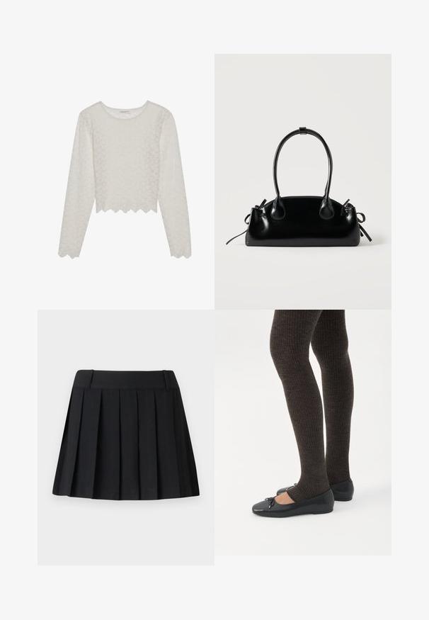 Top de manga larga color crema con un patrón floral texturizado, diseño recortado y dobladillo con forma de concha. Hecho de una tela liviana y semitranslúcida.; Falda negra con pliegues y cintura ajustada, hecha de tejido ligero. Presenta pliegues espaciados uniformemente y un diseño simple y limpio.; Piernas con leggings oscuros acanalados combinados con bailarinas negras que presentan pequeños detalles de lazo sobre un fondo blanco.; Pequeño bolso negro brillante con dos asas largas y detalles de cordón lateral sobre un fondo claro liso.