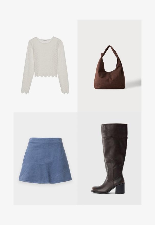 Top de manga larga color crema con un patrón floral texturizado, diseño recortado y dobladillo con forma de concha. Hecho de una tela liviana y semitranslúcida.; Falda A-line de pana azul con detalles en costura diagonal, a la altura de la rodilla, con frente plano y textura sutil.; Bota de cuero marrón hasta la rodilla con puntera redonda y tacón apilado. Presenta una textura suave y detalle de costura lateral.; Bolso de tela marrón con textura y un solo asa atada en un nudo, mostrado sobre un fondo claro y liso.