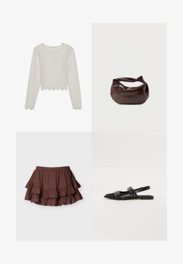 Haut à manches longues couleur crème avec un motif floral texturé, design court et ourlet festonné. Fabriqué à partir d'un tissu léger et semi-transparent.; Mini-jupe marron à volants superposés avec une ceinture élastique et des volants bordés de dentelle sur un fond clair uni.; Even&Odd by Zalando Ballerines à brides arrière - black; Sac bandoulière en cuir marron foncé avec une forme souple et décontractée et une anse nouée torsadée sur un fond blanc uni.