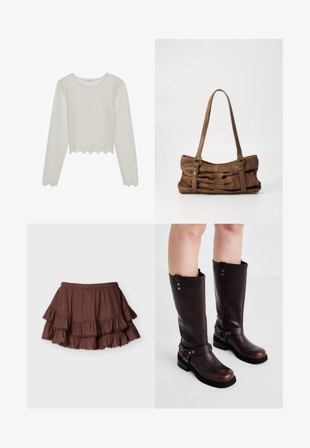 Cremefarvet langærmet top med et tekstureret blomsterdesign, cropped style og bølget kant. Lavet af et let, semi-gennemsigtigt materiale.; Brun lagdelt mini-nederdel med elastisk talje og blonderkantede flæser på en ensartet lys baggrund.; Brune læder knæ-høje støvler med en glat tekstur, der har en bred rem og trekantede metal detaljer samt flade gummisåler.; Even&Odd Håndtasker - brown