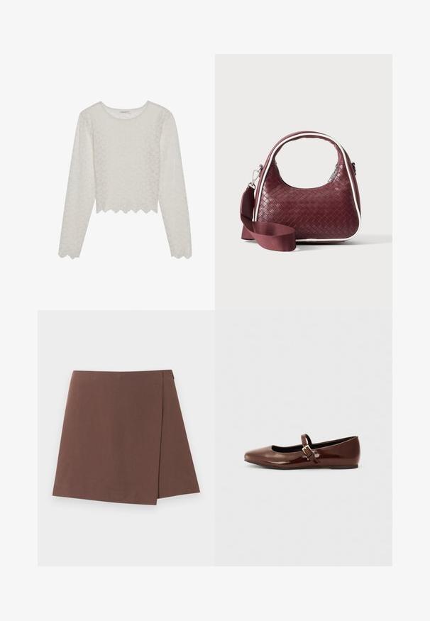 Cremefarvet langærmet top med et tekstureret blomsterdesign, cropped style og bølget kant. Lavet af et let, semi-gennemsigtigt materiale.; Brun A-formet nederdel med let overlapdetalje foran, lavet af glat stof, vist på en ensartet lys baggrund.; Brun patentlæder balletflade med firkantet tå og strop med en lille guldbuckle. Glat tekstur, lav hæl og minimalistisk design.; Mørkerød vævet lædertaske med buet hank, hvid kant, sølv lynlås og aftagelig bred stofskulderrem mod en ensfarvet baggrund.