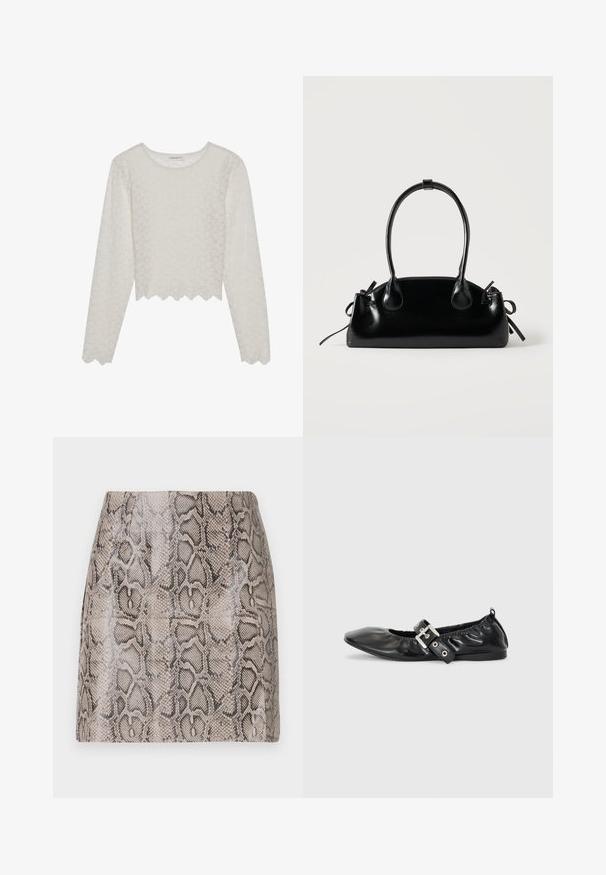 Cremefarvet langærmet top med et tekstureret blomsterdesign, cropped style og bølget kant. Lavet af et let, semi-gennemsigtigt materiale.; En tætsiddende miniskørt med en blank, struktureret faux slangeskindsprint i nuancer af beige og sort, med en glat overflade og uden synlige lukninger.; Sorte læder flade sko med spids tå, samling detaljer omkring åbningen, og en sølv spænde accent på den justerbare rem.; Lille sort blank håndtaske med to lange håndtag og snøre-detaljer i siden på en ensfarvet lys baggrund.