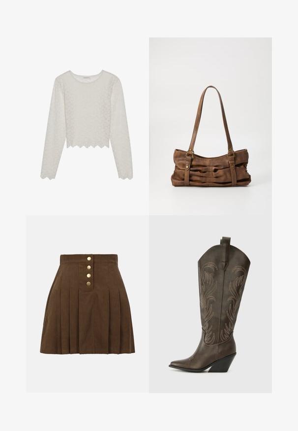 Cremefarvet langærmet top med et tekstureret blomsterdesign, cropped style og bølget kant. Lavet af et let, semi-gennemsigtigt materiale.; Brun ribbet plisseret nederdel med høj talje og fire gyldne knapper ned foran i midten.; Brune læder cowboystøvle med spids tå, kilehæl og dekorativ broderi. Har en høj stok og en trækflap.; Even&Odd Håndtasker - brown