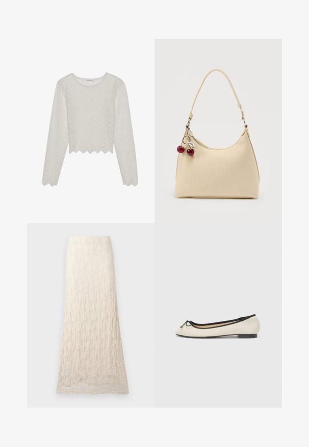 Top de manga larga color crema con un patrón floral texturizado, diseño recortado y dobladillo con forma de concha. Hecho de una tela liviana y semitranslúcida.; Falda larga de encaje crema con patrón floral texturizado y silueta recta.; Bailarinas en un tejido beige con un ribete negro. Presentan una punta redondeada y un pequeño lazo en la parte delantera. Suela de bajo perfil.; Bolso de color crema con superficie texturizada, correa de un solo hombro y charm de cremallera en forma de cereza sobre fondo liso.