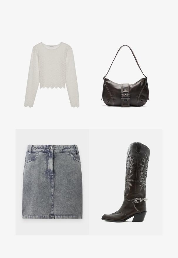 Cremefarvet langærmet top med et tekstureret blomsterdesign, cropped style og bølget kant. Lavet af et let, semi-gennemsigtigt materiale.; Grå denim minisukne med en falmet vask, der har forlommer, en knaplukning og en lige kant. Struktureret stof.; Sort læder cowboystøvle med dekorative udskæringer, sølvspænde og skrå hæl, vist på hvid baggrund.; Brun læder skuldertaske med en buet form, der har et fremtrædende spænde, kontrasterende syninger og en enkelt skulderrem.