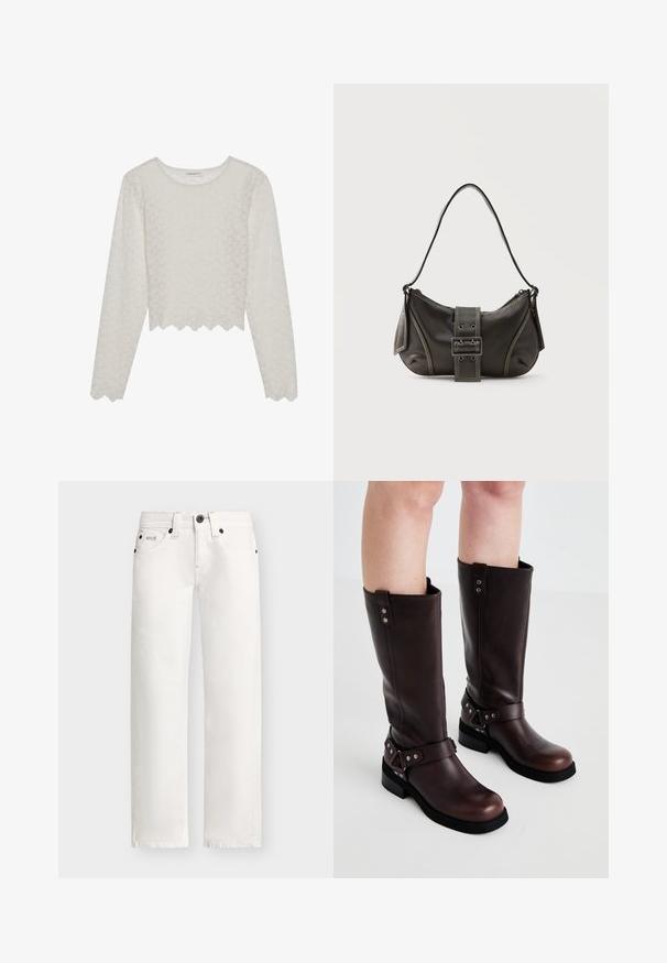 Cremefarvet langærmet top med et tekstureret blomsterdesign, cropped style og bølget kant. Lavet af et let, semi-gennemsigtigt materiale.; Straight-leg hvide denim jeans med sorte nitter, forreste knap, lynlås, bæltestropper og femlomme-design.; Brune læder knæ-høje støvler med en glat tekstur, der har en bred rem og trekantede metal detaljer samt flade gummisåler.; Sort læder skuldertaske med spænde på remmen, afrundede kanter og kontrasterende hvide syninger på en ensfarvet baggrund.