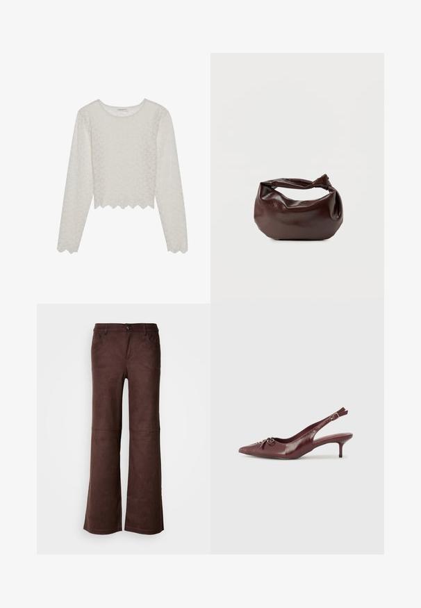 Cremefarvet langærmet top med et tekstureret blomsterdesign, cropped style og bølget kant. Lavet af et let, semi-gennemsigtigt materiale.; Brune flagrende bukser i et blødt, suede-lignende stof. Har fire lommer, en knaplukning og en glat, tekstureret overflade.; Bordeaux læder slingback hæl med spidse tå, justerbar rem og dekorativ sløjfedetalje foran. 7,5 cm hælhøjde.; Mørkebrun læder skuldertaske med en blød, afslappet form og et snoet knudehåndtag på en ensartet hvid baggrund.