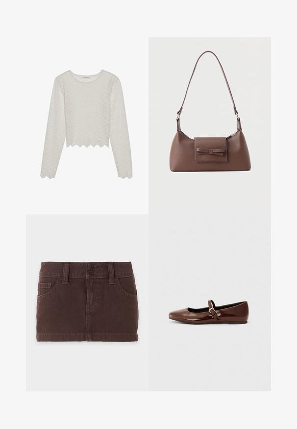 Cremefarvet langærmet top med et tekstureret blomsterdesign, cropped style og bølget kant. Lavet af et let, semi-gennemsigtigt materiale.; Brun denim mini nederdel med forlommer, bæltestropper og dobbelt knaplukning mod en ensartet lys baggrund.; Brun patentlæder balletflade med firkantet tå og strop med en lille guldbuckle. Glat tekstur, lav hæl og minimalistisk design.; Brun skuldertaske i læder med en frontlomme med klap, der har en sydd sløjfedetalje, og en justerbar rem.