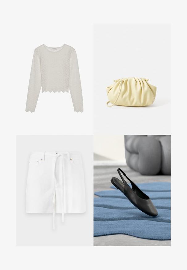 Cremefarvet langærmet top med et tekstureret blomsterdesign, cropped style og bølget kant. Lavet af et let, semi-gennemsigtigt materiale.; Hvide denimshorts med snørre i taljen, der har to forlommer og en glat tekstur. Designet er enkelt og klassisk uden mønstre.; Sort læder slingback flad sko hvilende på et tekstureret blåt tæppe med en grå polstret baggrund.; Gul plisseret håndtaske lavet af glat kunstlæder, med en blød form, en enkelt skulderrem og samlet topdesign.