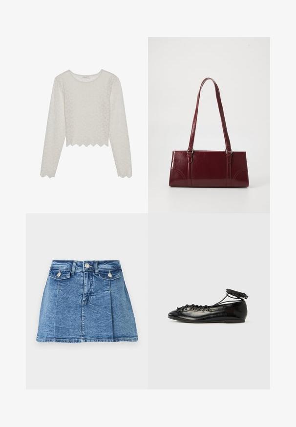 Top de manga larga color crema con un patrón floral texturizado, diseño recortado y dobladillo con forma de concha. Hecho de una tela liviana y semitranslúcida.; Minifalda de denim azul con botón frontal, cierre de cremallera, dos bolsillos con solapa y botón, y trabillas para cinturón.; Zapatos planos tipo ballet de charol negro con punta redondeada, diseño con cordones y suela plana. Textura lisa con detalles mínimos.; Bolso burdeos hecho de material brillante, de forma rectangular, con dos asas para el hombro y sutiles acentos curvados en la parte frontal.