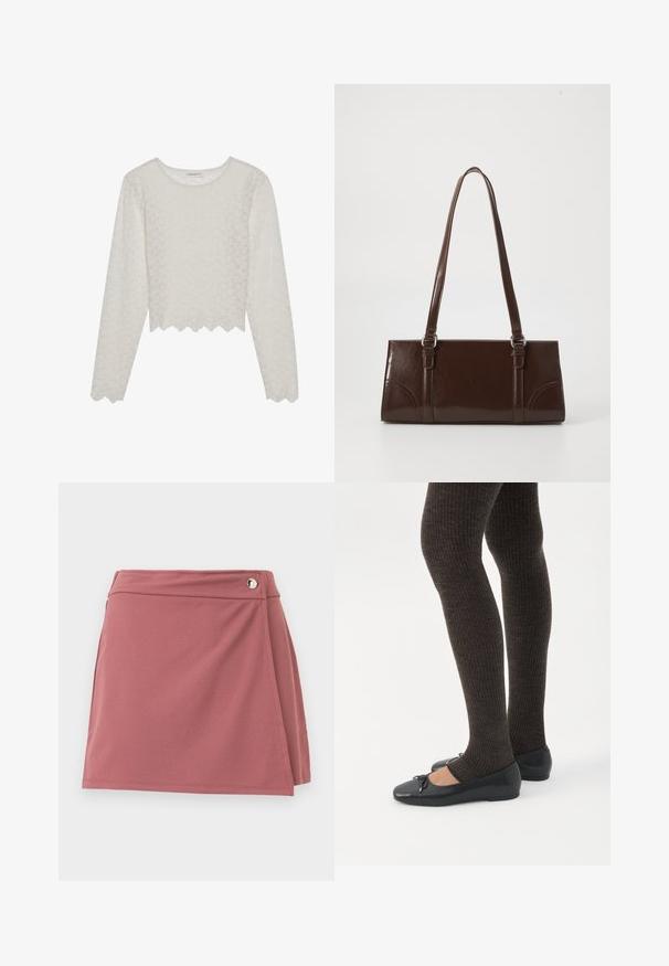 Top de manga larga color crema con un patrón floral texturizado, diseño recortado y dobladillo con forma de concha. Hecho de una tela liviana y semitranslúcida.; Falda corta cruzada color rosa polvo con un pequeño botón plateado cerca de la cintura sobre un fondo claro y liso.; Piernas con leggings oscuros acanalados combinados con bailarinas negras que presentan pequeños detalles de lazo sobre un fondo blanco.; Bolso de mano de piel sintética marrón con forma rectangular, dos asas largas y sutiles acentos curvados en la parte delantera.