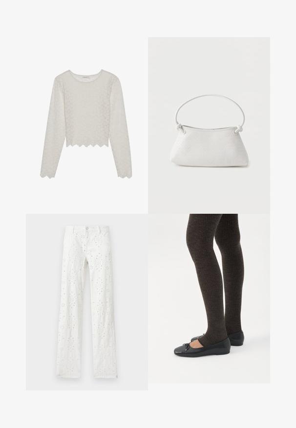 Cremefarvet langærmet top med et tekstureret blomsterdesign, cropped style og bølget kant. Lavet af et let, semi-gennemsigtigt materiale.; Hvide bukser med lige ben med blomsterbroderi og knap- og lynlås lukning, vist fladt på en lys baggrund.; Ben iført mørke ribbede leggings kombineret med sorte balletsko med små sløjfedetaljer på hvid baggrund.; Hvid fletlæderhåndtaske med afrundet håndtag og ender på remmen, der er knyttet, vist mod en ensfarvet baggrund.