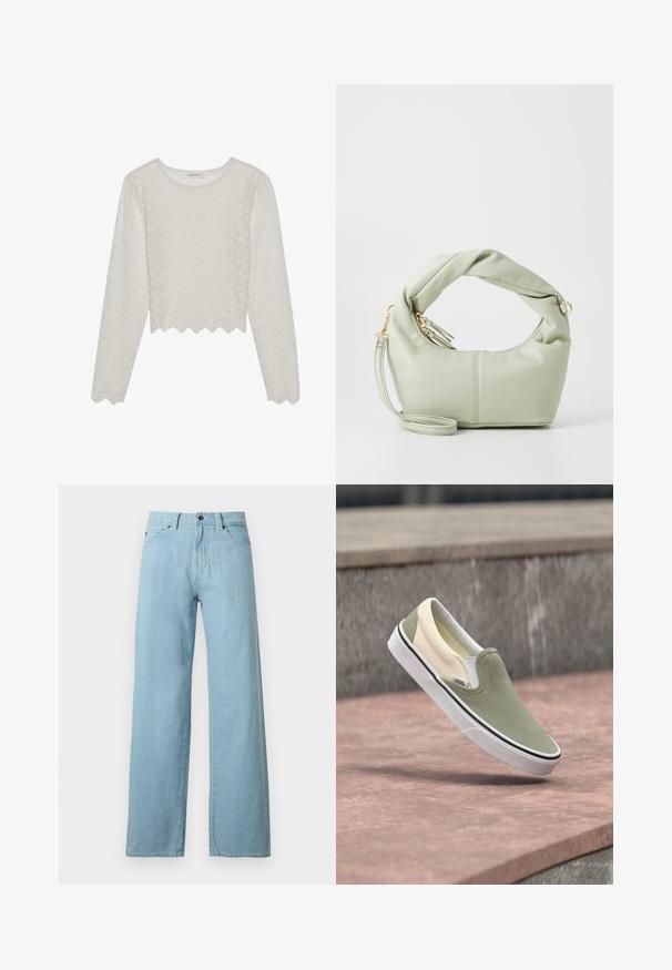 Cremefarvet langærmet top med et tekstureret blomsterdesign, cropped style og bølget kant. Lavet af et let, semi-gennemsigtigt materiale.; Lyseblå vidbenet denimjeans med frontknap, lynlås og design med fem lommer på hvid baggrund.; Slip-on sneaker med lysegrøn overdel i lærred, hvid sål og beige hældetalje, der ser ud til at svæve over en stenovert.; Grøn faux læder håndtaske med et snoet håndtag, guldfarvet hardware og en aftagelig rem. Rundet form med en glat tekstur og sømdetaljer.