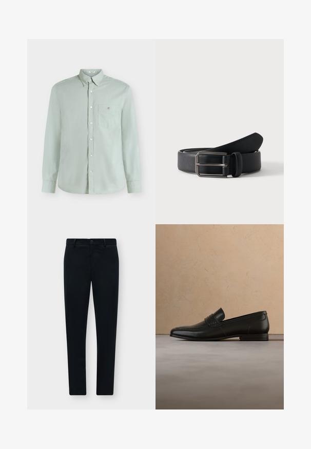 Chemise vert clair à manches longues avec boutons, poche poitrine et petit logo brodé, présentée sur fond blanc uni.; Pantalon slim noir avec passants de ceinture, bouton devant et fermeture éclair, présenté à plat sur un fond gris clair.; Mocassin en cuir noir présenté en lévitation au-dessus d'un tapis beige avec un canapé beige en arrière-plan.; Ceinture en cuir noir roulée avec une boucle métallique argentée rectangulaire sur un fond clair uni.