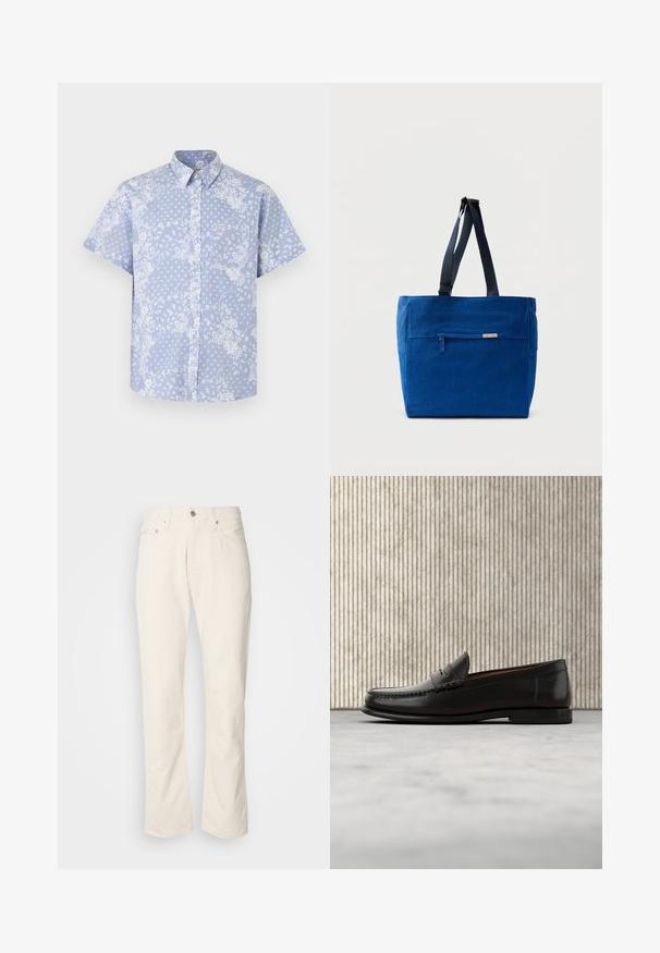 Kortærmet skjorte i lyseblåt stof med et hvidt blomstermønster og en brystlomme med et logo-tag.; Beige bomuldsjeans med et klassisk lige ben-design, der har en forreste knaplukning, fem lommer og diskrete syninger.; Sort læder penny loafer med lav hæl, rundet tå og syningsdetaljer langs fronten og siderne, vist på neutral baggrund.; Blå lærredstaske med lynlåslomme foran, dobbelte skulderremme og rektangulær form. Har en diskret mærkeetiket.