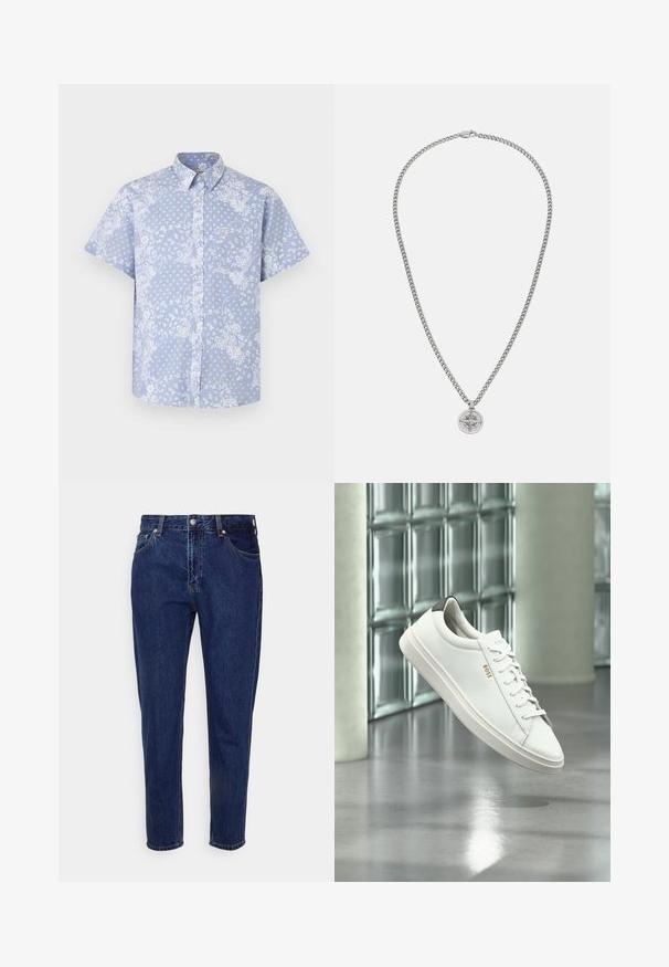 Korte mouw button-up shirt van lichtblauwe stof, met een witte bloemenpatroon en een borstzak met een logo label.; Donkerblauwe straight-leg spijkerbroek met knoop- en ritssluiting aan de voorkant, riemlussen, en voor- en achterzakken.; Witte leren lage sneaker met veters, zwarte hielstrook en "BOSS"-logo, zwevend binnenshuis bij een glazen stenen muur en gepolijste vloer.; Zilveren ketting met een cirkelvormige kompassymbool met een sterontwerp, een gladde textuur en een veilige sluiting.