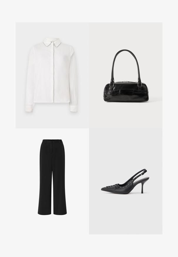 Camisa blanca de manga larga con collar puntiagudo y ribetes en contraste a lo largo de los bordes, abotonada por delante. Diseño simple y elegante.; Pantalones de pierna ancha negros fabricados en una tela suave. Presenta una parte delantera plana, cinturilla con pasadores para cinturón y dos bolsillos laterales.; Sandal de tacón stiletto negro de cuero con punta afilada, correa lateral con hebilla, tachuelas a lo largo del borde y cordones decorativos en la parte delantera.; Bolso de mano de cuero negro con forma rectangular, equipado con un asa estructurada, herrajes en plata y cierre de cremallera. Textura suave.