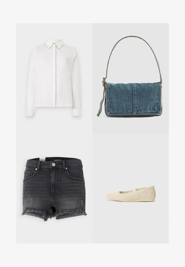 Witte blouse met lange mouwen, een puntige kraag en contrasterende rand langs de randen, met knopen aan de voorkant. Eenvoudig en elegant ontwerp.; Zwarte denimshorts met een rafelende zoom, versleten details en een metalen knoopsluiting. Heeft een klassiek ontwerp en een vijf-vakken stijl.; Beige ballerina's met een gladde leren buitenkant, amandelvormige punt en elastische band over de wreef, met subtiele stiksels.; Denim schoudertas met een opvouwbaar ontwerp, lichtblauwe kleur, zichtbare stiksels, verstelbare schouderband en een zijlabel accent.