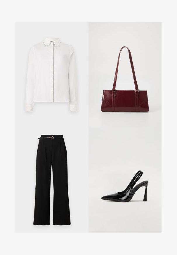 Camisa blanca de manga larga con collar puntiagudo y ribetes en contraste a lo largo de los bordes, abotonada por delante. Diseño simple y elegante.; Pantalones negros de tiro alto y pernera ancha con pliegues delanteros y un cinturón negro estrecho con una hebilla redonda dorada.; Zapato de tacón con tirante en negro de charol, punta afilada, tacón alto y delgado, y doble tira elástica para un ajuste seguro. Superficie suave y brillante.; Bolso burdeos hecho de material brillante, de forma rectangular, con dos asas para el hombro y sutiles acentos curvados en la parte frontal.