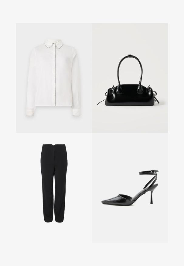 Camisa blanca de manga larga con collar puntiagudo y ribetes en contraste a lo largo de los bordes, abotonada por delante. Diseño simple y elegante.; Pantalones negros con un diseño de pierna recta, que cuentan con dos bolsillos frontales y una textura suave. Detalles de costura sutil en el frente.; Zapato de tacón alto negro de punta fina con delgadas correas en el tobillo y cierre de hebilla plateada sobre un fondo liso claro.; Pequeño bolso negro brillante con dos asas largas y detalles de cordón lateral sobre un fondo claro liso.
