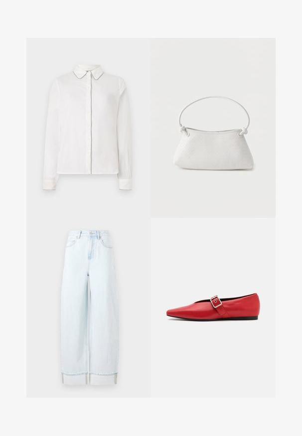 Camisa blanca de manga larga con collar puntiagudo y ribetes en contraste a lo largo de los bordes, abotonada por delante. Diseño simple y elegante.; Jeans de mezclilla de pierna ancha color azul claro, con cintura alta, bolsillos frontales y un dobladillo enrollado con costuras visibles.; Zapato plano de cuero rojo con punta afilada, que presenta una correa lateral con una hebilla de metal y un tacón bajo negro. Textura suave en toda su superficie.; Bolso de mano de cuero blanco tejido con asa redondeada y extremos de la correa anudados, exhibido sobre un fondo liso.