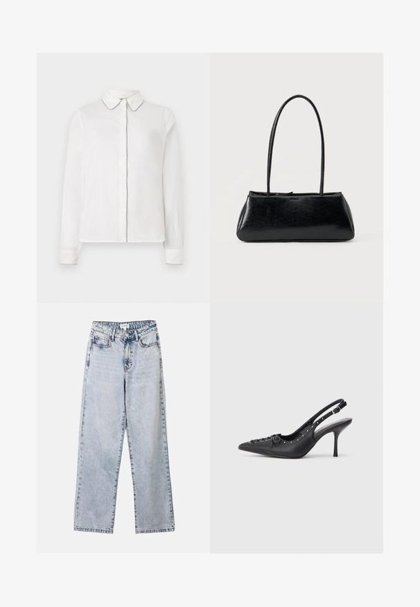 Camisa blanca de manga larga con collar puntiagudo y ribetes en contraste a lo largo de los bordes, abotonada por delante. Diseño simple y elegante.; Vaqueros de pierna recta de color azul claro, confeccionados en denim, con dos bolsillos frontales, cierre de botón y costuras en contraste a lo largo de las costuras.; Sandal de tacón stiletto negro de cuero con punta afilada, correa lateral con hebilla, tachuelas a lo largo del borde y cordones decorativos en la parte delantera.; Bolso de hombro rectangular negro con correas largas y delgadas y una textura lisa y brillante sobre un fondo liso.
