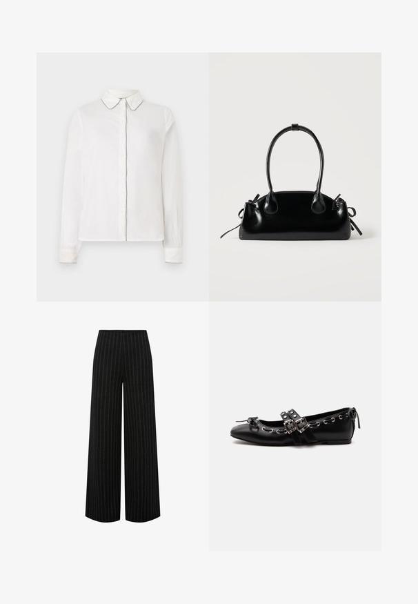 Camisa blanca de manga larga con collar puntiagudo y ribetes en contraste a lo largo de los bordes, abotonada por delante. Diseño simple y elegante.; Pantalones negros de pierna ancha con rayas verticales blancas y cintura alta, mostrados extendidos sobre un fondo blanco.; Zapato de ballet plano negro con correas de doble hebilla, ojales plateados y un pequeño lazo cerca de la puntera redondeada sobre un fondo blanco.; Pequeño bolso negro brillante con dos asas largas y detalles de cordón lateral sobre un fondo claro liso.
