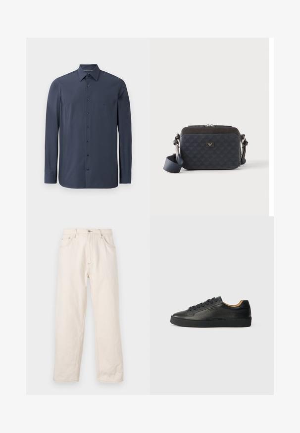 Mørkeblå langærmet skjorte lavet af glat stof, med krave der lukkes med knapper og sorte knapper langs fronten. Subtil strukturdetaile synlig.; Beige lige jeans i denim med knaplukning, fem lommer og synlige syninger. Glat tekstur.; Sorte lavtop lædersneakers med tekstureret overflade, sorte snørebånd og tyk gummisål, vist fra siden på en lys baggrund.; Rektangulær mørkeblå crossbody-taske med justerbar rem, lynlåslukning og diskret logomønster på frontpanelet.
