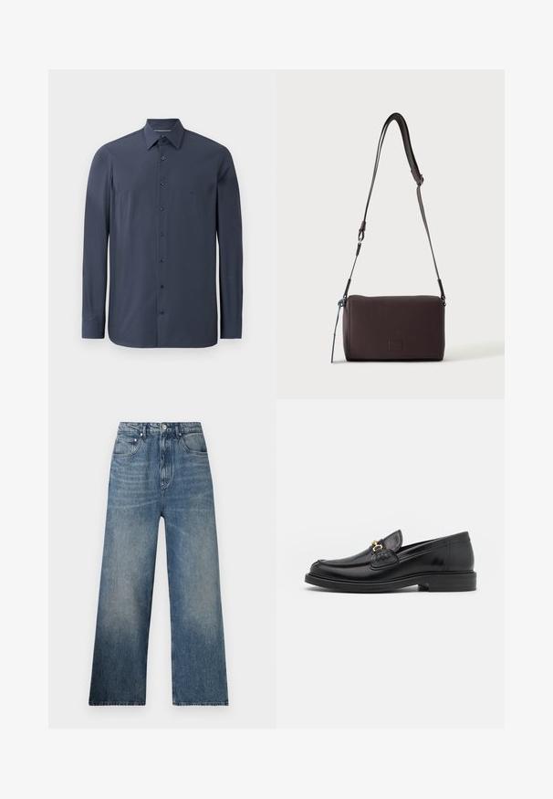 Mørkeblå langærmet skjorte lavet af glat stof, med krave der lukkes med knapper og sorte knapper langs fronten. Subtil strukturdetaile synlig.; Blå denim bredbenede jeans med høj talje, subtilt slid, fem lommer og metalknaplukning foran.; Sorte læder loafers med en rund tå, der har guld hardware accent og syningsdetaljer, placeret på en lav, tekstureret gummisål.; Mørkebrun textured læder crossbody taske med justerbar rem og lille dekorativ blå accent på siden.