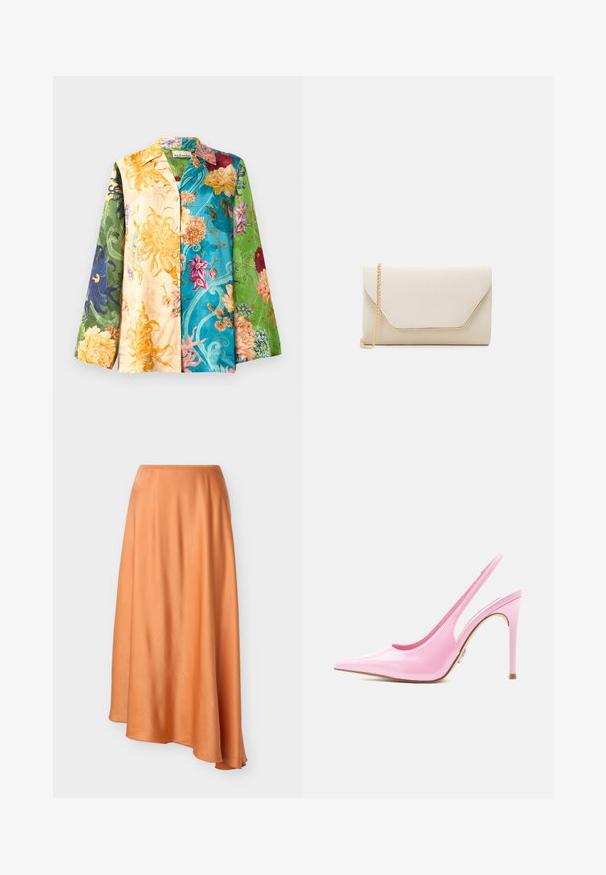 Veste chemise florale multicolore à manches longues, présentant un mélange de teintes jaunes, vertes, bleues et violettes. Le tissu a une texture lisse et une brillance.; Jupe midi à ourlet asymétrique en tissu orange lisse et brillant, avec une ceinture ajustée et un drapé fluide.; Chaussure à talon haut rose brillant avec bride arrière, bout pointu et talon aiguille fin, sur fond blanc.; Pochette beige avec une texture lisse, une chaîne dorée et un rabat de style enveloppe avec un contour doré contrasté.