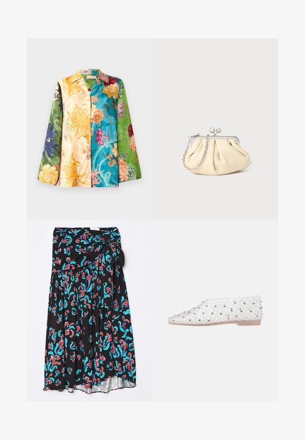 Multifarvet blomstret skjortejakke med lange ærmer, der har en blanding af gule, grønne, blå og lilla nuancer. Stoffet har en glat tekstur og glans.; Sort midi-nederdel med et farverigt blomstermotiv i rød og turkis, med en bånd i taljen og plissert design for ekstra tekstur.; Klar flad sko med spids tå, gitterdesign, dekoreret med små sølvnitter og lysbrun flad sål.; Plisseret beige læderclutch med en sølvmetalramme, der har to runde dekorative låse og en sølvkædetrasporte.