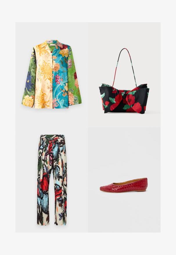 Chaqueta de camisa floral multicolor con mangas largas, que presenta una mezcla de tonos amarillos, verdes, azules y morados. La tela tiene una textura suave y un brillo.; Pantalones con estampado floral que presentan un fondo crema, colores vibrantes en rojo, azul y verde, con textura plisada y cintura ajustable con cordón.; Zapato plano rojo de cuero tejido con puntera cuadrada redondeada y tacón bajo, mostrado de lado sobre un fondo claro.; Bolso de hombro floral que presenta tela negra con patrones de flores rojas y verdes, detalle de lazo y un asa delgada y colorida.