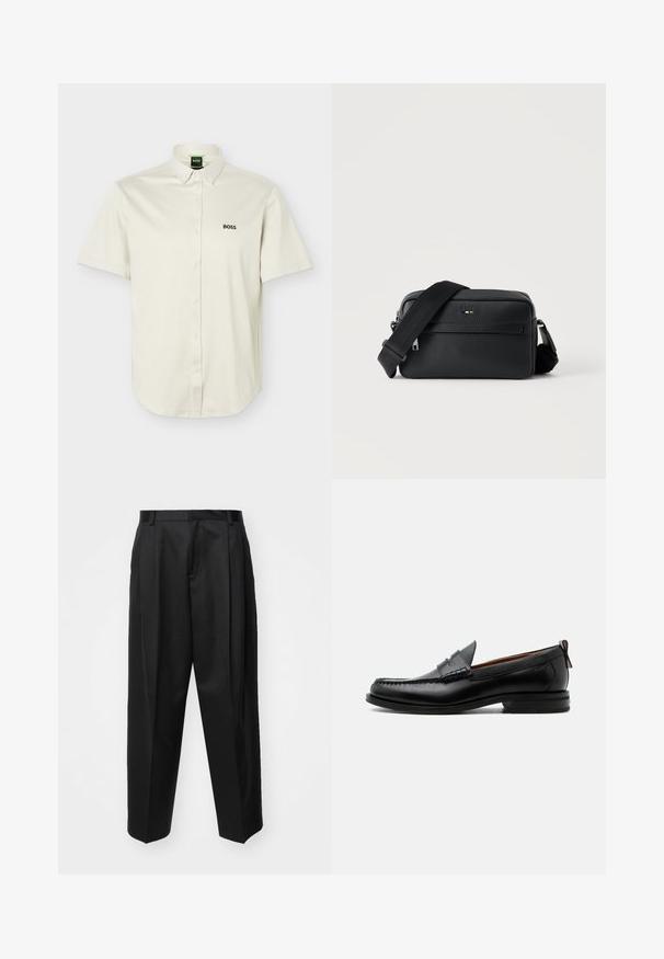 Chemise blanche à manches courtes avec boutons-pression, col boutonné, logo "BOSS" noir sur la poitrine, et étiquette verte à l'intérieur du col.; Pantalon noir ajusté avec taille haute, jambes larges et plis marqués. Fabriqué dans un tissu lisse avec passants de ceinture et sans quincaillerie visible.; Mocassin homme en cuir noir avec couture moc toe, bride penny, col texturé et petit talon empilé sur fond blanc.; Sac bandoulière en cuir noir texturé avec poche avant zippée et bandoulière large en tissu réglable sur fond blanc.