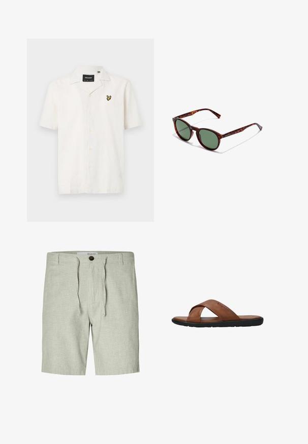 Camisa de lino color crema de mangas cortas con cuello, que presenta un logo bordado en amarillo y negro en el lado izquierdo del pecho y siete botones.; Selected Shorts - vetiver; Sandalia de cuero marrón con tiras cruzadas, suela plana negra y "bugatti" grabado en la tira superior, vista lateral sobre fondo blanco.; Gafas de sol de carey marrón con montura redondeada, lentes verdes y brazos de patilla con patrón. Presenta el logo de la marca en un brazo.