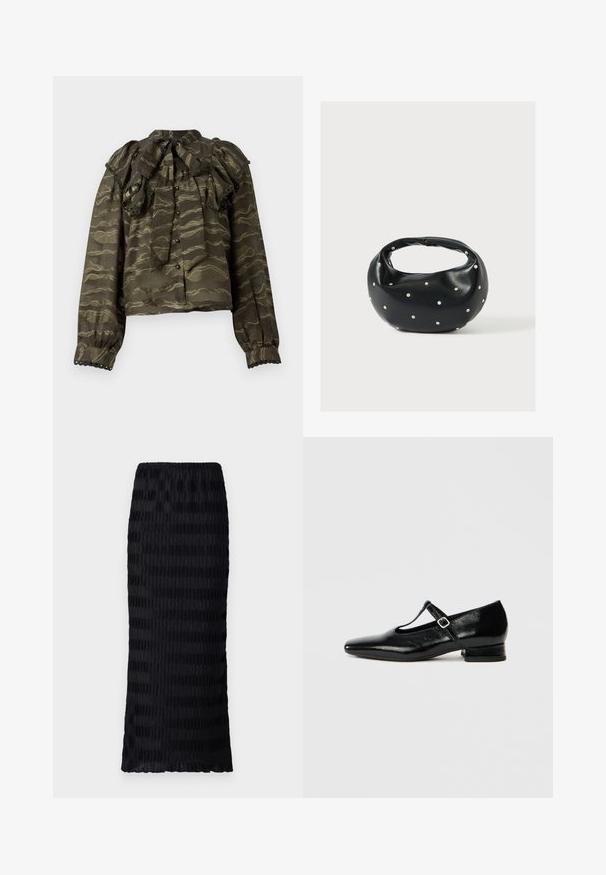 Blouse vert foncé avec col volanté, manches longues et fermetures à boutons. Présente des motifs dorés ondulés et des accents décoratifs en forme de feston aux poignets.; Jupe noire longueur genoux avec un design plissé texturé. Taille élastique, tissu lisse avec des rayures alternées mates et brillantes.; Chaussures Mary Jane en cuir noir avec bout pointu, petit talon carré et bride ajustable avec une boucle argentée. Texture lisse et brillante.; Sac à main en cuir noir de forme arrondie, décoré de clous argentés et équipé d'une poignée courte. Texture lisse et fermeture éclair.