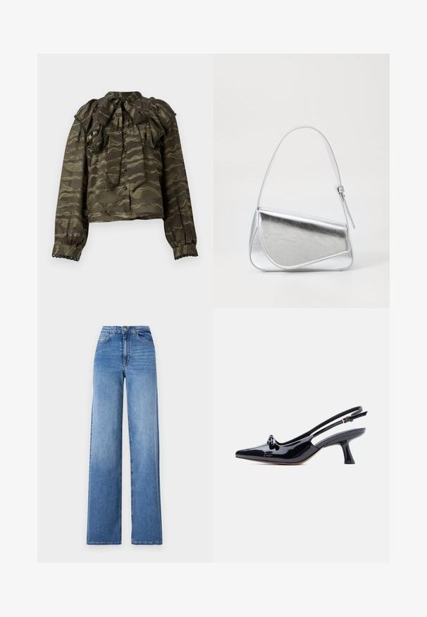 Blouse vert foncé avec col volanté, manches longues et fermetures à boutons. Présente des motifs dorés ondulés et des accents décoratifs en forme de feston aux poignets.; Jeans en denim bleu clair à jambes larges, dotés d'une taille haute, de poches avant et d'une fermeture à bouton standard. Texture lisse.; Chaussure slingback en cuir verni noir avec bout pointu, petit détail nœud et talon évasé de hauteur moyenne sur fond blanc.; Sac à main en métal argenté de forme triangulaire, texture lisse et fine bandoulière réglable. Présente un design rabat avec couture.