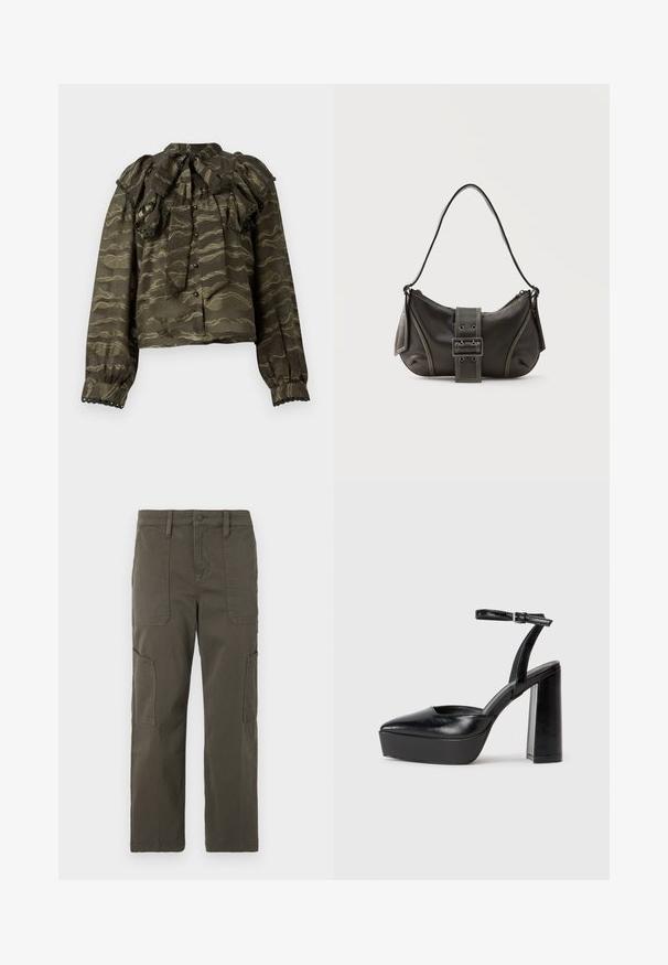 Blouse vert foncé avec col volanté, manches longues et fermetures à boutons. Présente des motifs dorés ondulés et des accents décoratifs en forme de feston aux poignets.; Good American CROPPED PANTS - Pantalon cargo - fatigue; Escarpins noirs à plateforme avec un bout pointu et une sangle réglable à la cheville. Conçus en cuir lisse, avec un large talon bloc.; Sac à épaule en cuir noir avec une sangle à boucle, des bords arrondis et des coutures blanches contrastées sur un fond uni.