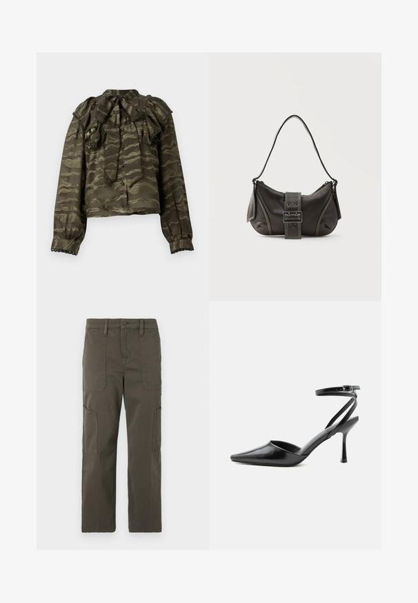 Blusa verde oscuro con cuello fruncido, mangas largas y cierres de botón. Presenta patrones dorados ondulados y acentos decorativos en forma de concha en los puños.; Good American CROPPED PANTS - Pantalones cargo - fatigue; Zapato de tacón alto negro de punta fina con delgadas correas en el tobillo y cierre de hebilla plateada sobre un fondo liso claro.; Bolso de hombro de cuero negro con detalle de correa con hebilla, bordes curvos y costuras blancas en contraste sobre un fondo liso.