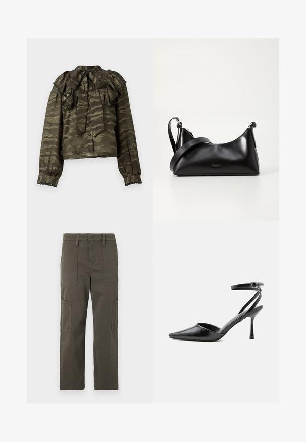 Tume roheline pluus volangkrae, pikkade varrukatega ja nööpide sulgemisega. Omab lainelisi kuldseid mustreid ja dekoratiivseid lainelisi aksente varrukatel.; Good American CROPPED PANTS - Kargopüksid - fatigue; Mustad terava otsaga kõrged kontsakingad peente pahkluu rihmade ja hõbedase pandlaga ühevärvilise heleda taustal.; Mustmust nahkaga kott sileda tekstuuriga. Omab reguleeritavat rihma ja sujuvat, minimalistlikku disaini, millel on lukuga sulgemine.