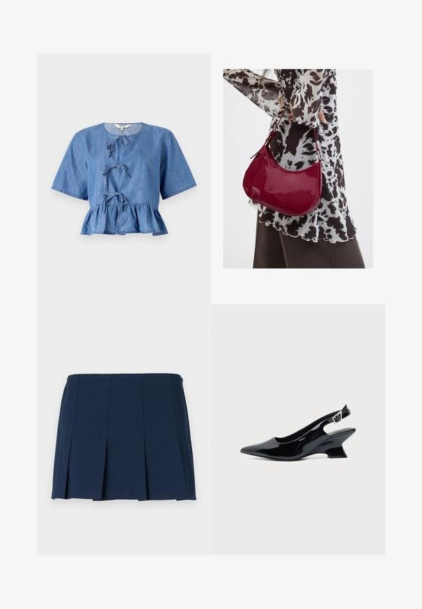 Blå denimbluse med korte ærmer, rund halsudskæring, frontbindinger og en peplumnederdel. Glat tekstur med et afslappet design.; Mørkeblå, plisseret mini nederdel med en lige talje, lavet af et glat stof. Har lodrette syninger langs plisseringerne.; Sort laklæder slingback sko med spids tå og lav vinklet blokhæl på ensartet lys baggrund.; Kvinde iført en sort- og hvidmønstret bluse, der holder en blank rød skuldertaske mod en ensfarvet baggrund.