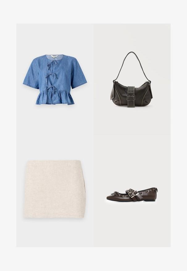 Blå denimbluse med korte ærmer, rund halsudskæring, frontbindinger og en peplumnederdel. Glat tekstur med et afslappet design.; Beige linnedyr med et minimalistisk design, der har en glat tekstur og en subtil vævning. Det har en lige, simpel skæring uden synlige lukninger.; Mørkebrune lædersko med flad sål og spids snude, dobbelt sølvsnørrebånd, metaløjer og dekorativ sløjfe foran.; Sort læder skuldertaske med spænde på remmen, afrundede kanter og kontrasterende hvide syninger på en ensfarvet baggrund.