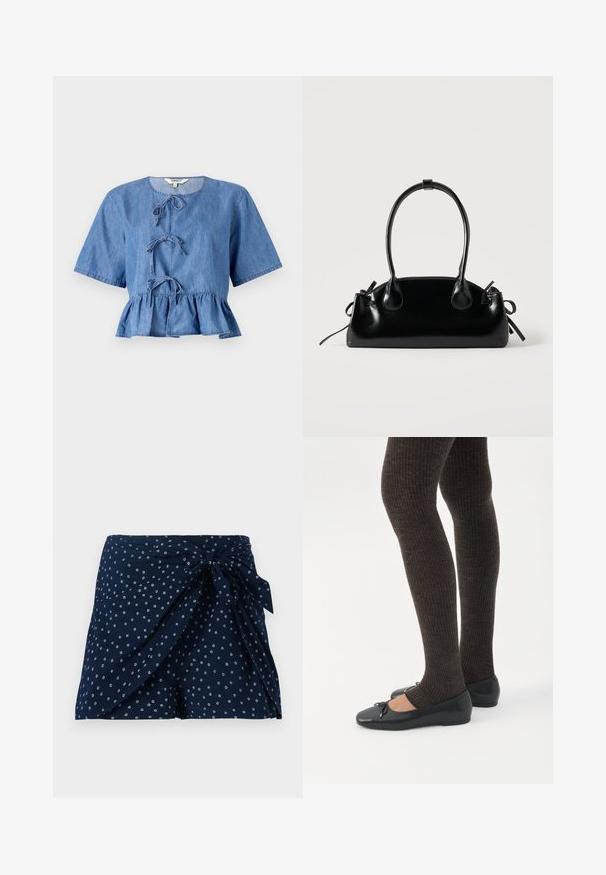Blouse en denim bleu à manches courtes, col rond, avec des liens à l'avant et un bas en peplum. Texture lisse avec un design décontracté.; Shorts bleu marine avec un design enroulé et un détail de nœud à l'avant. Présente un motif circulaire blanc dispersé. Fabriqué en tissu léger.; Jambes portant des leggings côtelés foncés associés à des ballerines noires avec de petits détails en nœud sur fond blanc.; Petit sac à main noir brillant avec deux longues anses et des détails à cordon sur les côtés sur un fond clair uni.