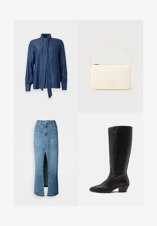 JOOP! ULLA - Chemisier - dark blue; Jupe midi en denim bleu avec une fente à l'avant, texture délavée et motif en script blanc. Dispose d'une taille classique et d'un ourlet effiloché.; Botte en cuir noire mi-mollet avec un bout pointu et un talon bas incliné sur un fond clair uni.; Sac à main rectangulaire de couleur crème avec une seule sangle et une fermeture éclair sur le dessus, comportant une petite plaque de logo embossé à l'avant.