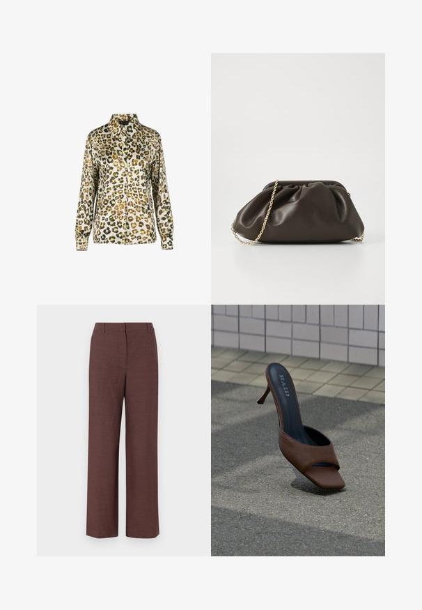 Bluse med leopardprint, kraveudskæring, lange ærmer og knaplukning foran. Stoffet har en glat og skinnende tekstur.; Brune bredbensbukser lavet af tekstureret stof med en glat finish, med flad front, bæltesløjfer og sidelommer.; Brun åben tå høje hæle slide med mærkenavnet "RAID" på indersålen stående på asfalt nær flisevæg.; Brun læderhandtaske med en sammensnøring, guld kædestrop og blød, struktureret overflade. Kompakt form velegnet til aftensbrug.